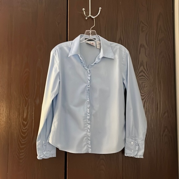 Bill Blass light blue, tiny ruffled, long sleeved blouse. Size Large. - Picture 1 of 8